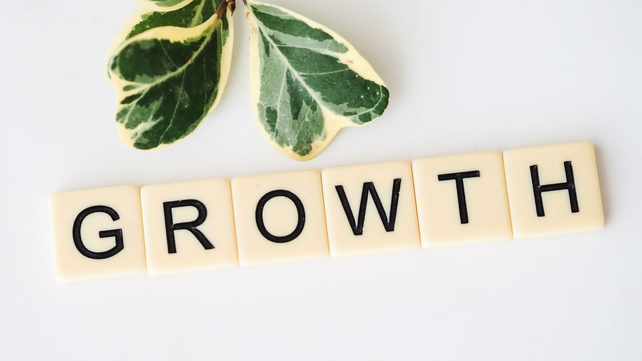 About Close-up image of Scrabble tiles spelling Growth with green leaves on a white background.